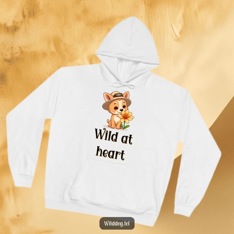 Funny explorer dog hoodie, a dog with an explorer hat sniffing a large flower, perfect for outdoor enthusiasts and cozy moments.