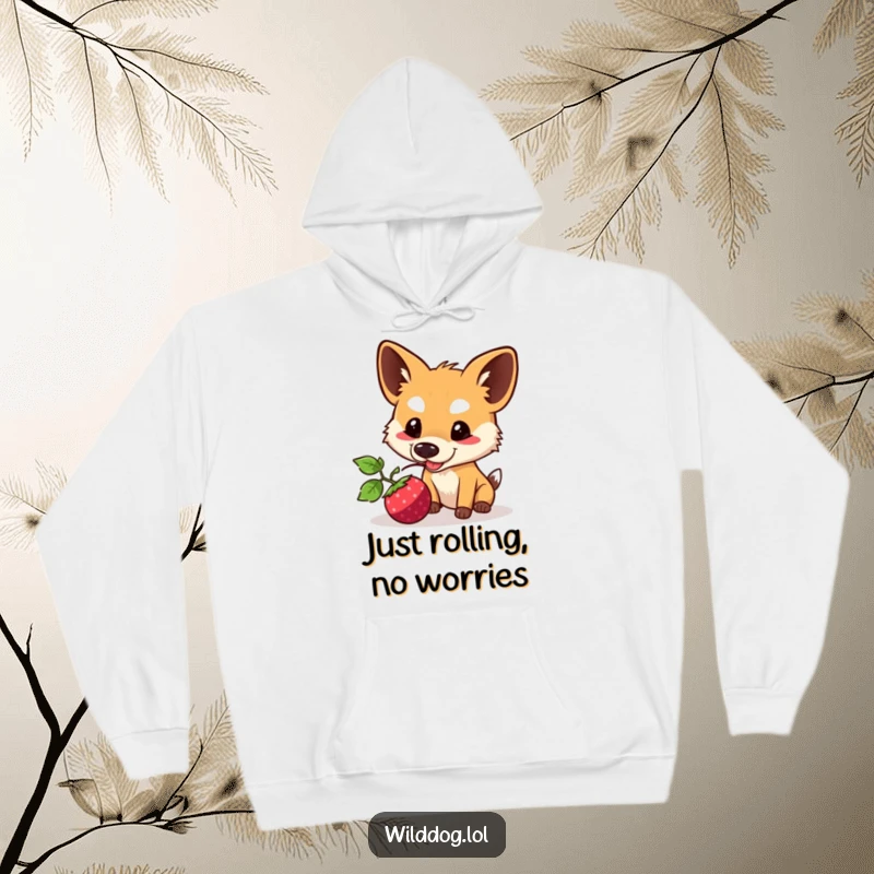 Funny Kawaii Wild Dog Hoodie: A sweet character nudging a berry with a happy expression, perfect as a funny and warm gift.