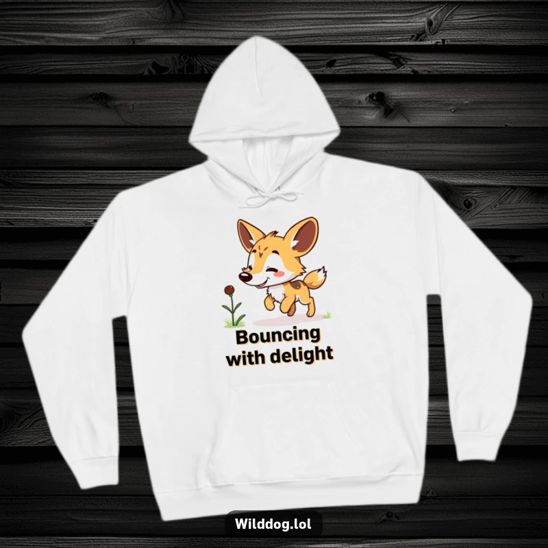 Funny Kawaii Wild Dog Hoodie: A sweet character hopping for a grub, perfect as a funny and cozy gift.