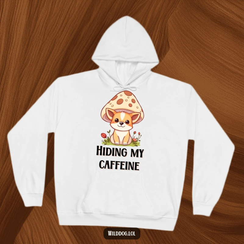 Funny Kawaii Wild Dog Hoodie: A sweet character peeking from behind a mushroom, perfect as a funny and cozy gift.