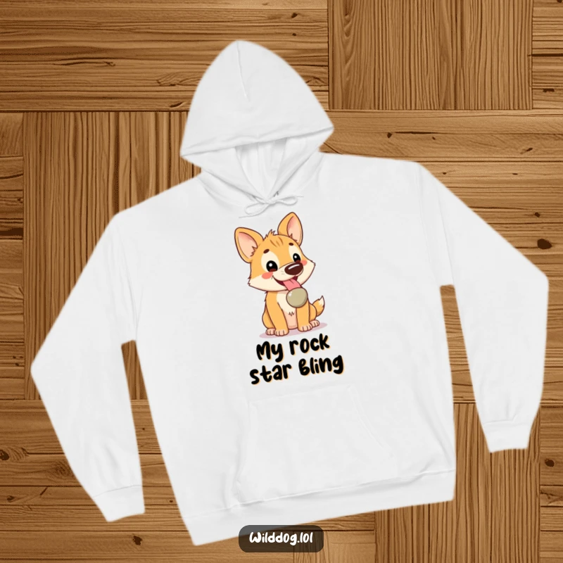 Funny Kawaii Wild Dog Hoodie: A sweet character panting happily with a shiny pebble, perfect as a funny and cozy gift.