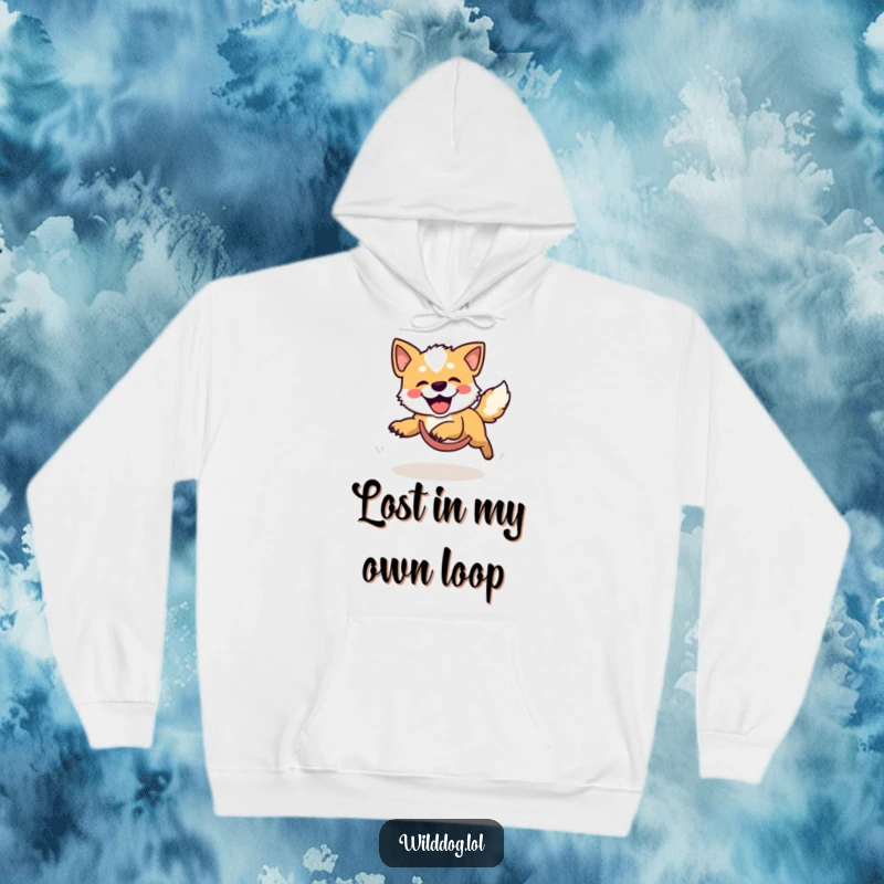 Funny hoodie design of a delighted wild dog ecstatically chasing its own tail in a dizzying, joyful, comical loop.