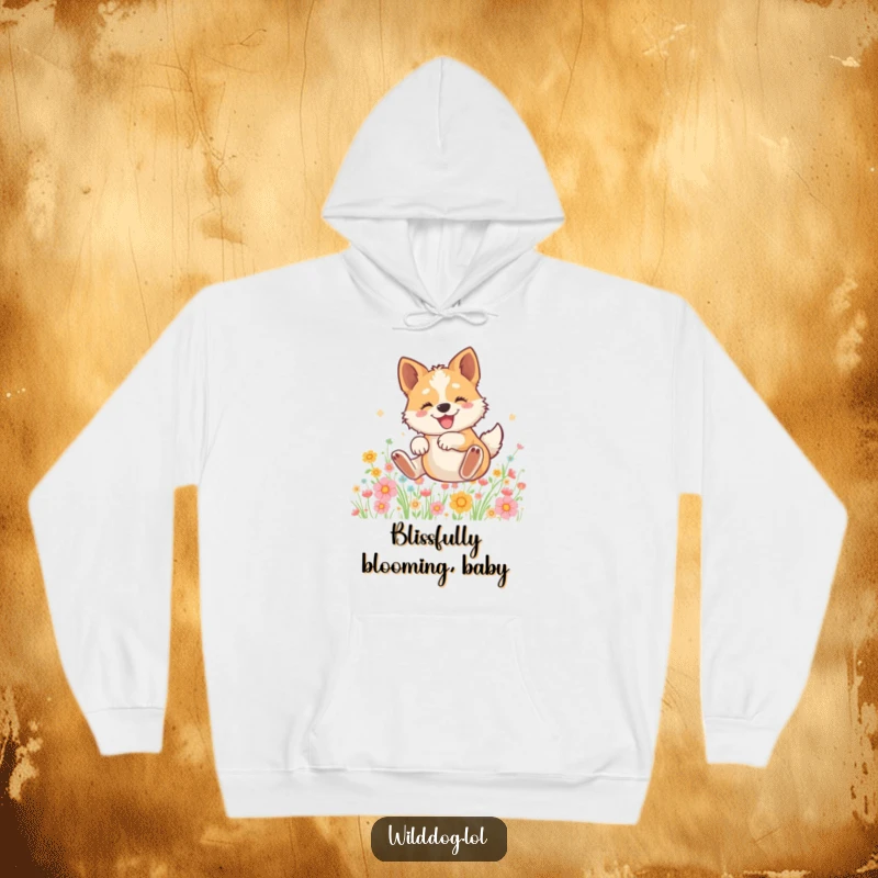 Funny hoodie depicting a joyful wild dog lost in bliss while rolling through a colorful, blooming flower field.