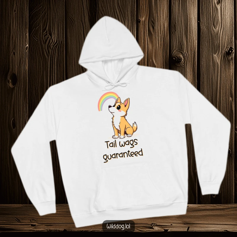 Funny wild dog wagging tail, gazing at a rainbow, bringing cozy and funny warmth. Ideal funny gift hoodie.
