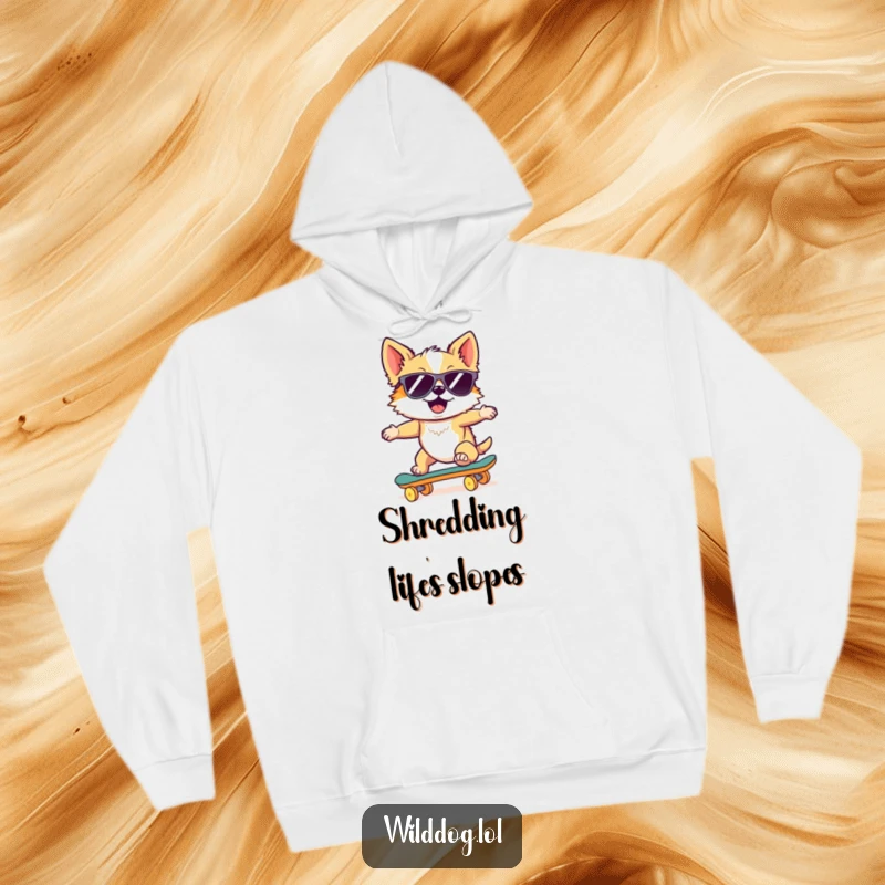 Funny hoodie featuring a wild dog wearing sunglasses, confidently riding a skateboard downhill, offering warmth and a cool vibe.