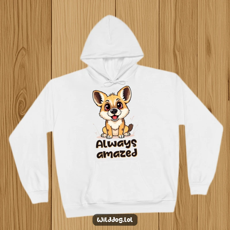 Funny hoodie graphic of a wild dog with enormous, round eyes and a slightly agape mouth, perfectly illustrating comical, playful surprise.
