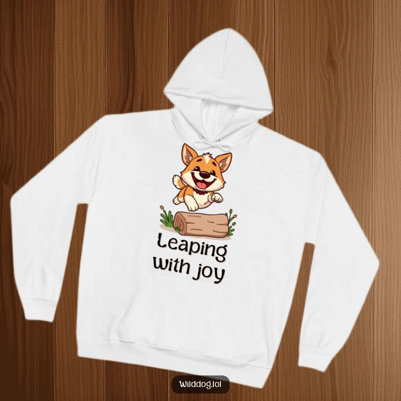 Funny wild dog with a big grin, leaping over a log, on a cozy hoodie, perfect for active outdoor types.