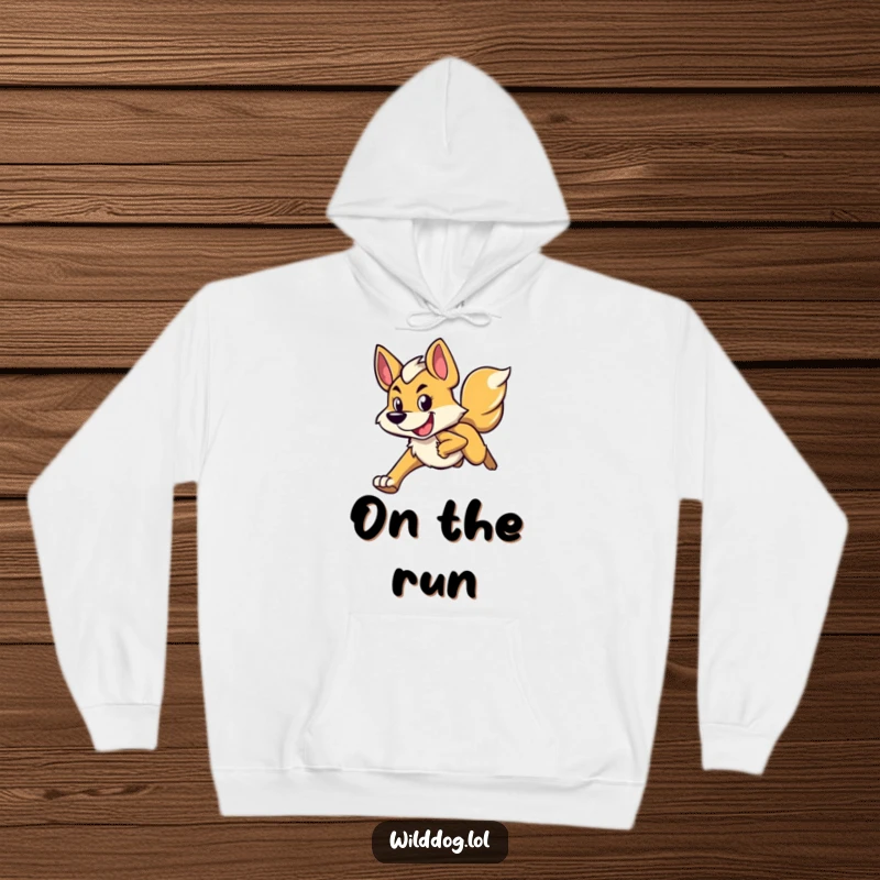 Funny hoodie displaying a running wild dog character with a focused yet joyful expression, perfect for those who pursue goals with happiness.