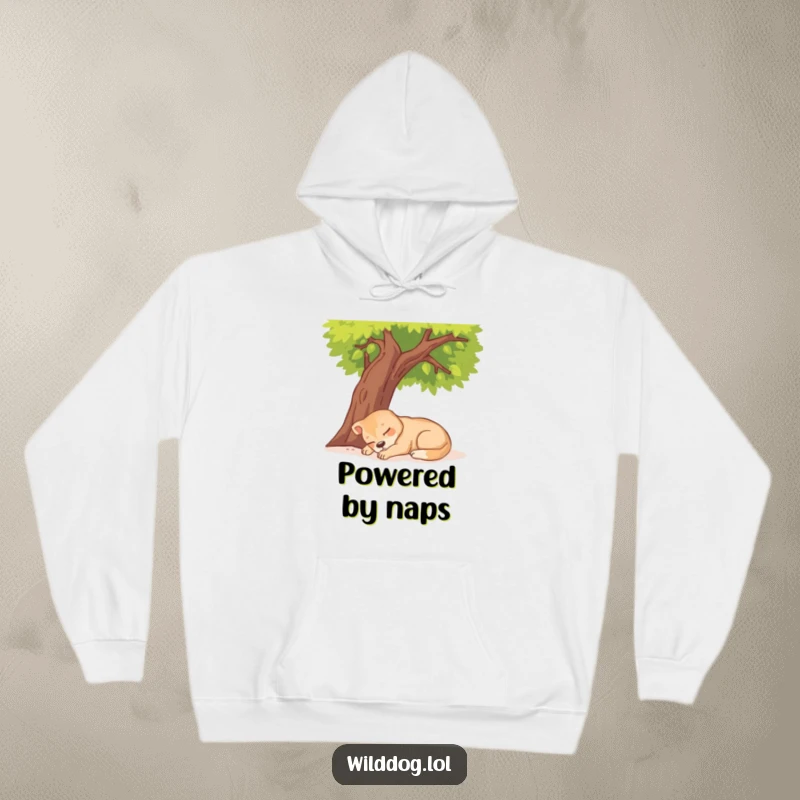 Funny Wild Dog Napping Hoodie showing a content dog sleeping blissfully under a sunny tree.