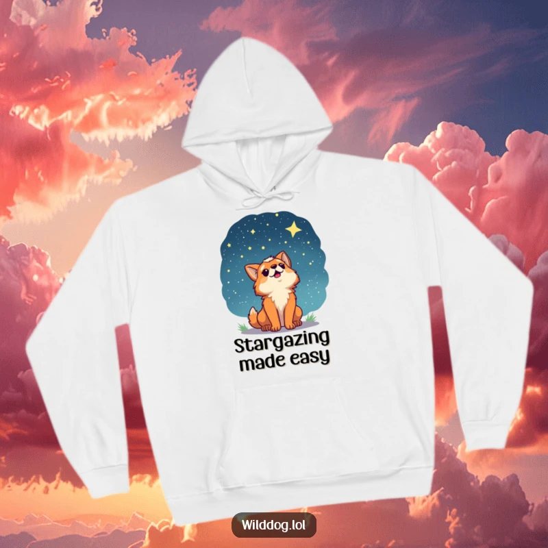 Funny hoodie featuring a wild dog character looking up at a dazzling starry night sky with eyes wide in awe and wonder.