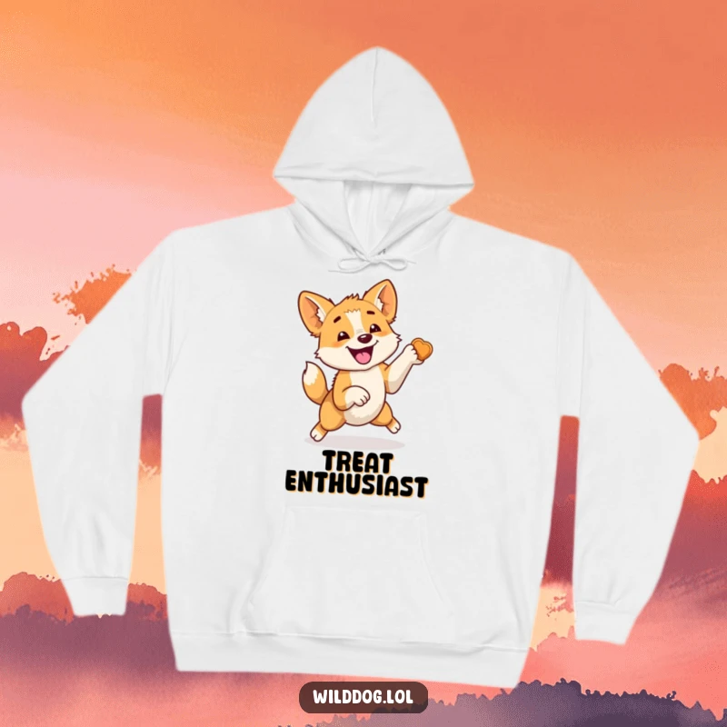 Funny hoodie showing a wild dog hilariously jumping with intense focus and a furiously wagging tail, all for the promise of a tasty treat.