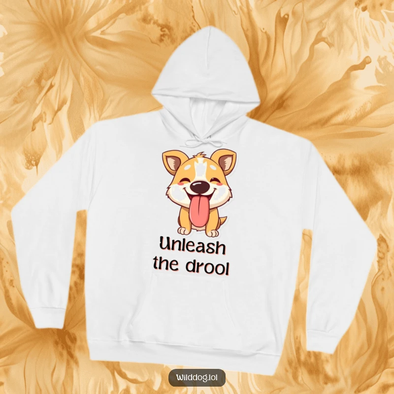 Funny hoodie displaying a panting wild dog wearing a wide, happy grin and a comically large tongue hanging out, perfect for cozy laughs.