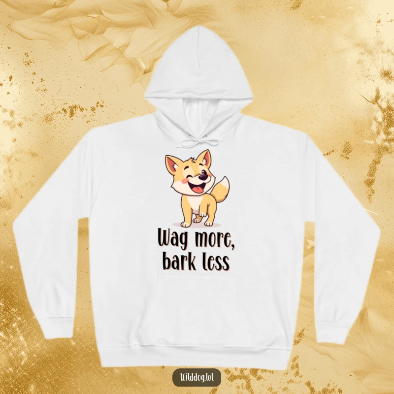 Funny hoodie showing a wild dog with its tail wagging enthusiastically.