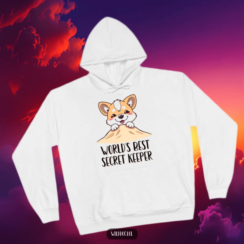 Funny wild dog with a silly grin peeking over a small hill on a soft hoodie, ultimate cozy comfort.