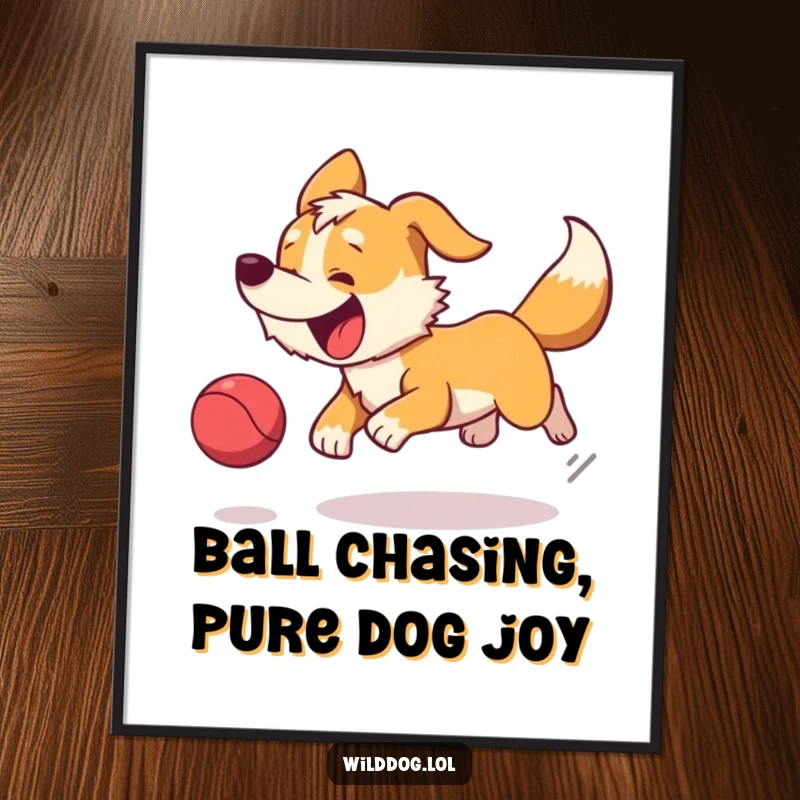 Funny Free Printable Wild Dog Wall Art showing a joyful dog with a wagging tail mid-chase after a bouncing ball, full of life.