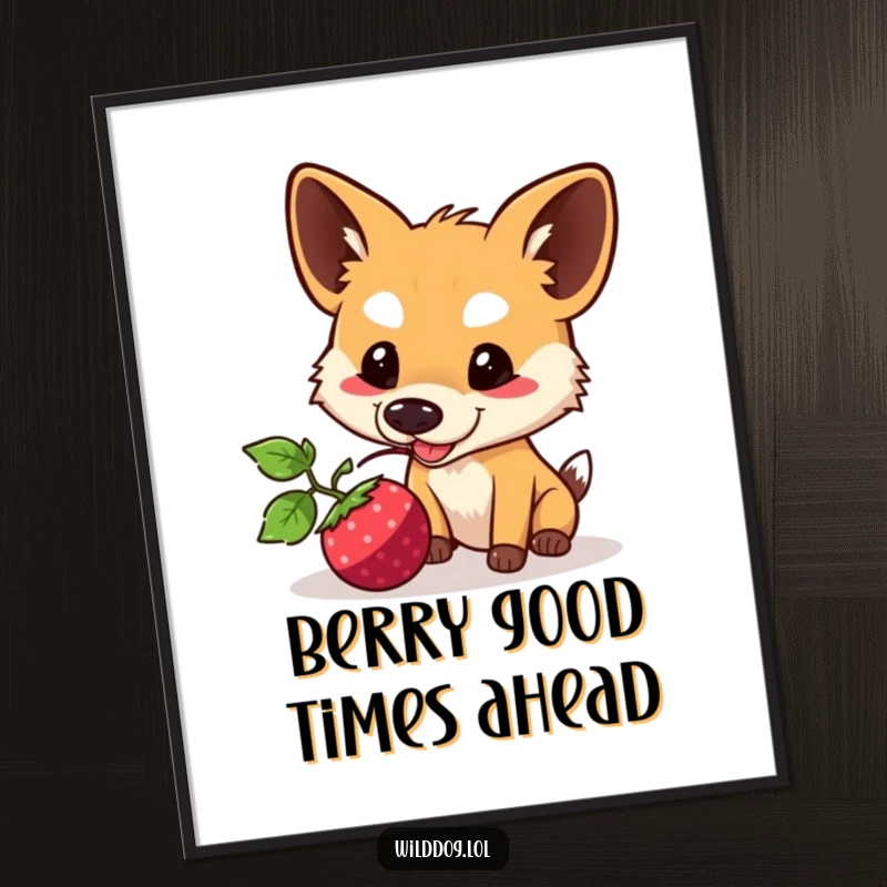 Funny Free Printable Wall Art: Kawaii dog playfully nudging a rolling berry with its snout, full of joy.