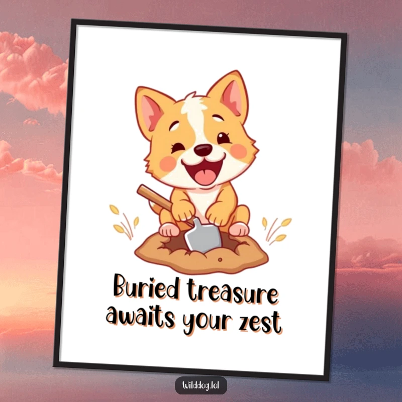 Funny Free Printable Wall Art: A wild dog with a tiny shovel, digging with intense focus and a comical expression.