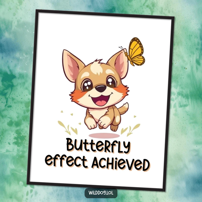 Funny Free Printable Dog Butterfly Wall Art: A wild dog with wide, joyful eyes gleefully chases a butterfly. Downloadable art.
