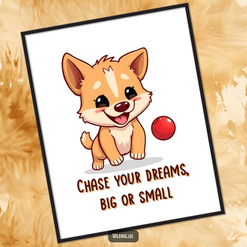 Funny free printable wall art: a wild dog happily bouncing a tiny red ball, showcasing playful energy and simple joy.