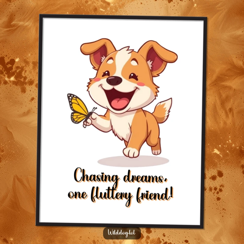 Funny Free Printable Wall Art: Energetic wild dog with a massive grin gleefully chasing a butterfly.