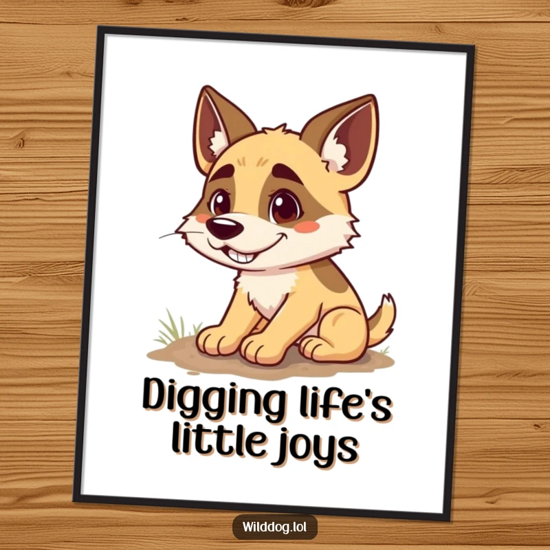 Funny Free Printable Wall Art: Goofy wild dog with a huge grin, digging a small hole with playful determination.