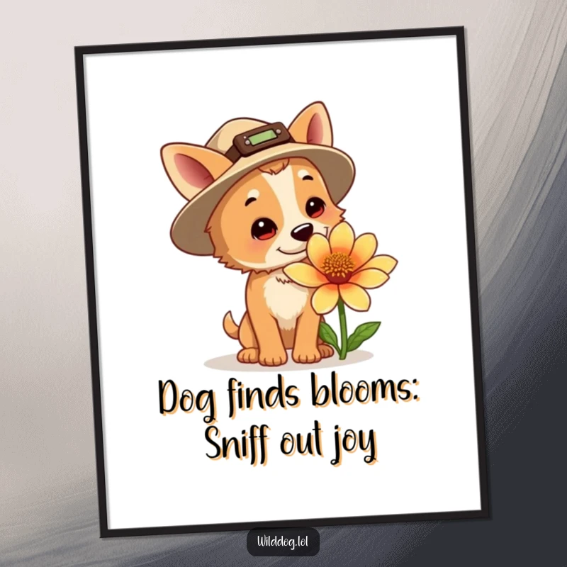 Funny Free Printable Wall Art: Dog in a tiny explorer hat sniffing a giant, colorful flower, whimsical downloadable decor.