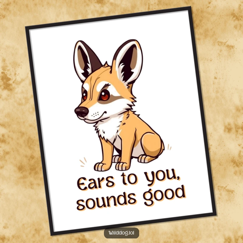Funny Free Printable Wall Art: A wild dog with perked ears, capturing a moment of intense listening, downloadable art.