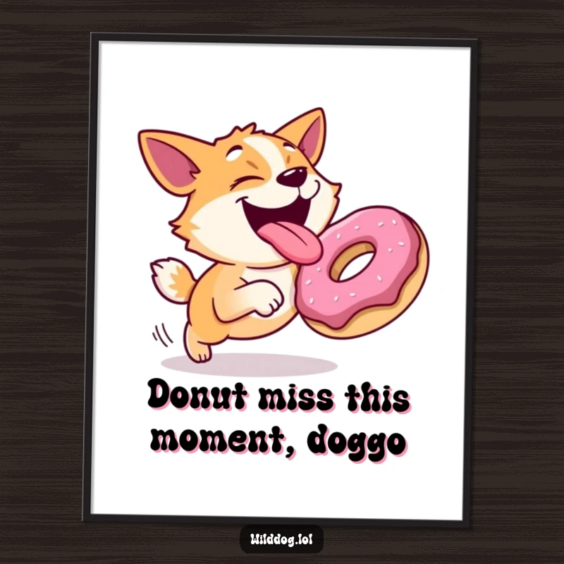 Funny Free Printable Dog Wall Art: A joyful, happy dog with tongue out, energetically chasing a rolling donut.