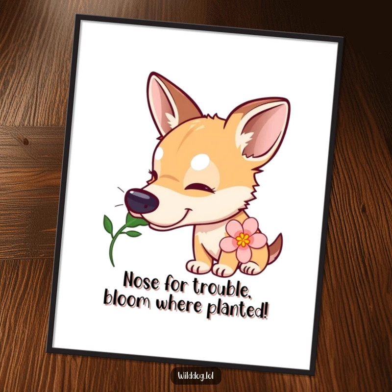 Funny Free Printable Wall Art: Curious wild dog tilting its head while sniffing a beautifully blooming flower.