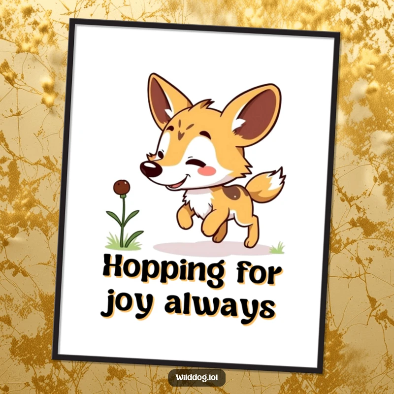 Funny Free Printable Wall Art: Kawaii dog doing a little hop after spotting a tasty grub, full of excitement.