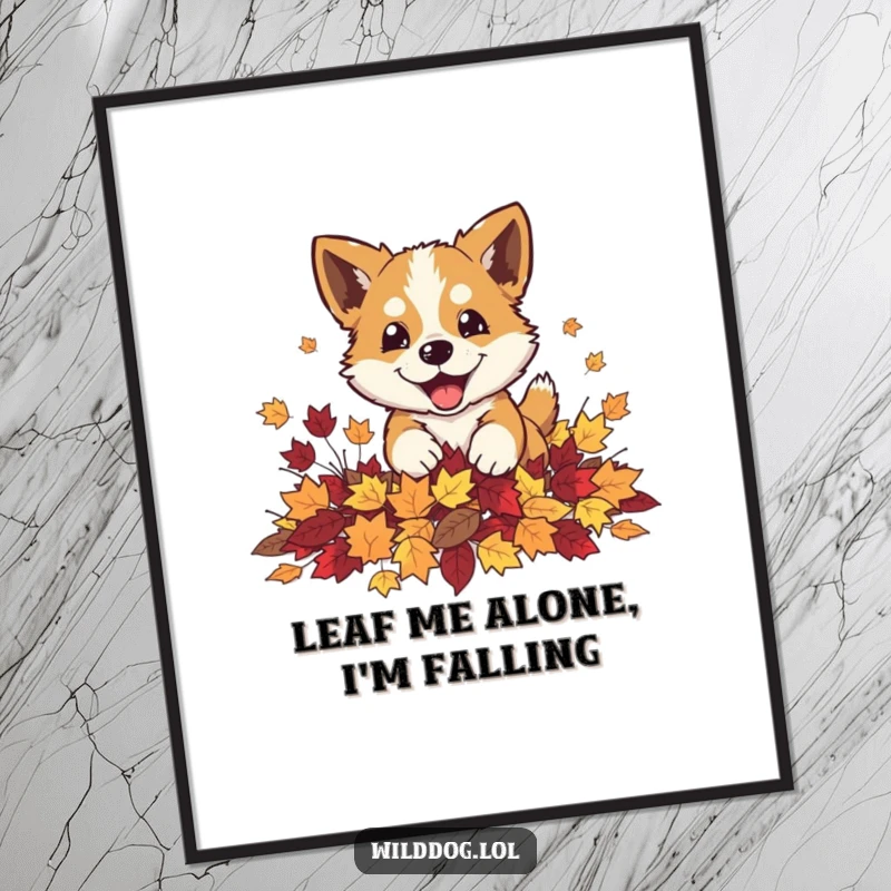 Funny Free Printable Wall Art: A wild dog playfully pouncing into a pile of autumn leaves, full of energetic joy.
