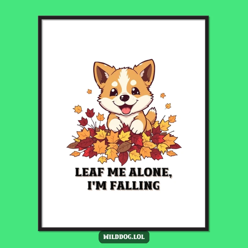 Free Printable Wall Art: Dog's Autumn Leaf Pounce, Seasonal Downloadable Art