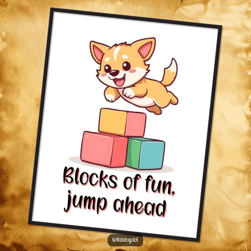 Funny Free Printable Wall Art: A wild dog captured mid-leap, playfully jumping over a small stack of colorful building blocks.