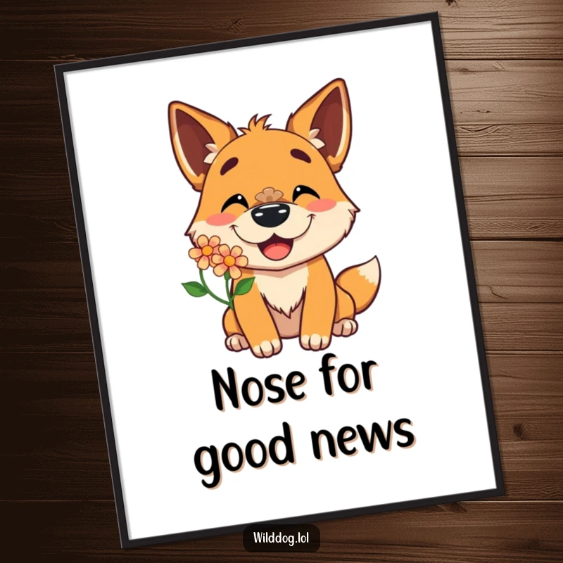 Funny Free Printable Wall Art: A wild dog with a huge grin balancing a delicate flower on its nose, radiating happiness.