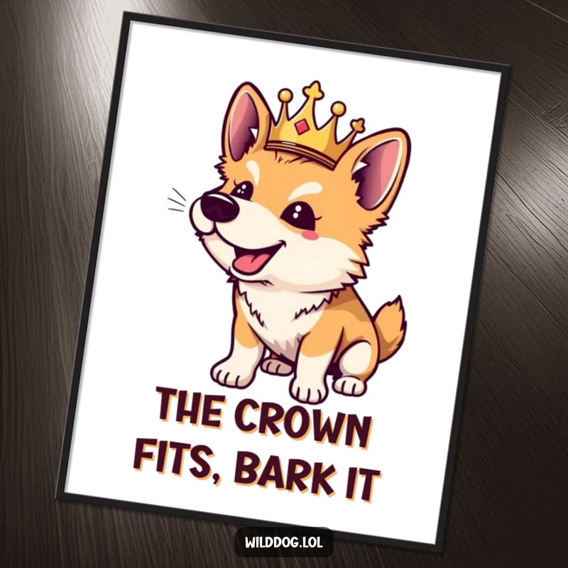 Funny Free Printable Wall Art: A wild dog joyfully barking while wearing a miniature, playful crown.