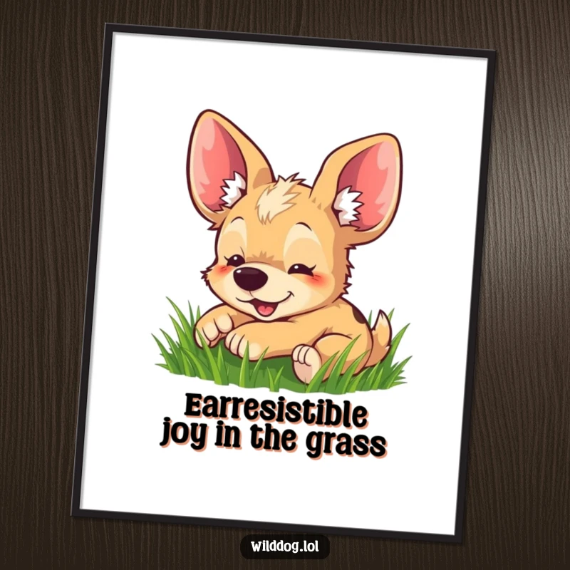 Funny Free Printable Wild Dog Wall Art: A cute dog with huge ears happily rolling in the grass, bringing cheer to any room.