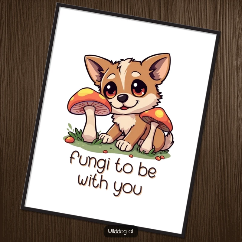 Funny Free Printable Wall Art depicting a wild dog with amazed eyes inspecting a luminous mushroom, creating a whimsical and enchanting atmosphere.
