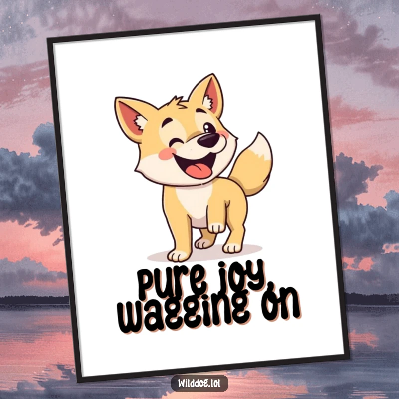 Funny Free Printable Wall Art featuring a wild dog energetically wagging its tail, its whole being vibrating with pure delight.