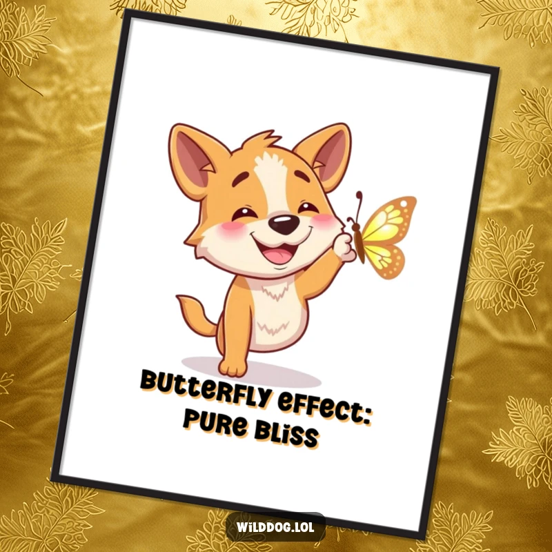 Funny Free Printable Wall Art: Wild dog caught mid-leap, grinning widely while chasing a delicate shimmering butterfly, playful energy.