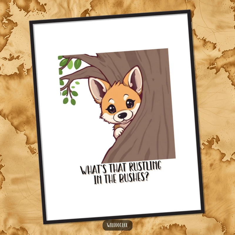 Funny Free Printable wall art of a wild dog peeking around a tree with big, curious eyes, inviting a sense of adventure.