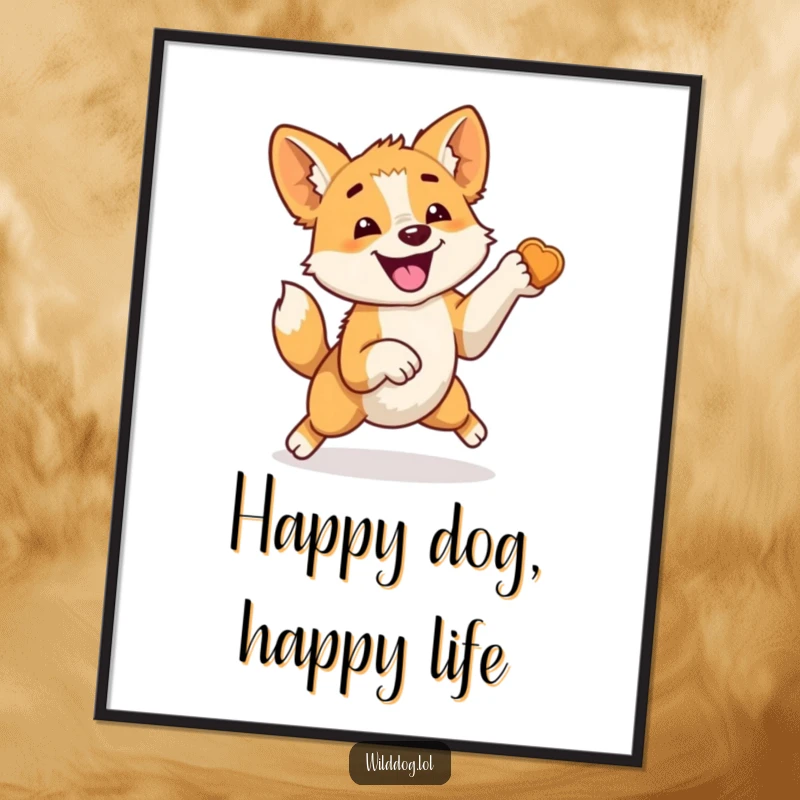 Funny Free Printable Wall Art: Energetic wild dog captured mid-air, tail wagging furiously, anticipating a delightful treat.