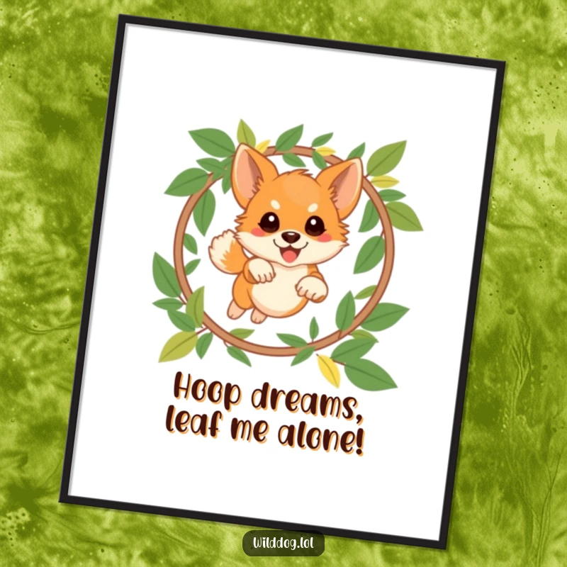 Funny Free Printable Wall Art: Dynamic wild dog leaping through a hoop intricately made of leaves.