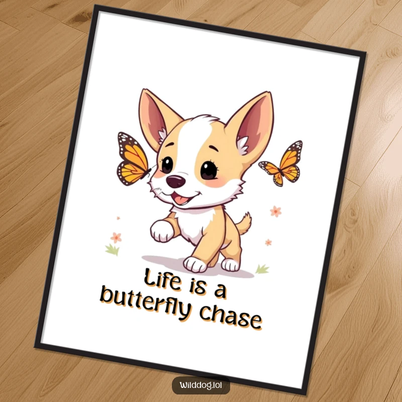 Funny Free Printable Wall Art: A happy wild dog puppy with perked ears excitedly chases a beautiful butterfly in a whimsical scene.