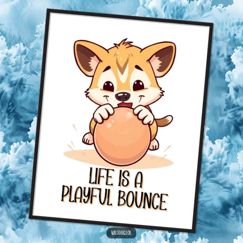 Funny Free Printable Wall Art: A wild dog puppy is captured mid-pounce on a rolling ball, showcasing pure playful energy.