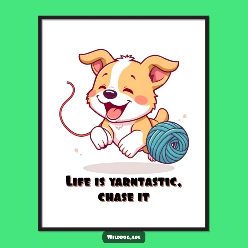 Free Printable Wall Art: Playful Puppy Yarn Chase, Cute Dog Downloadable Art