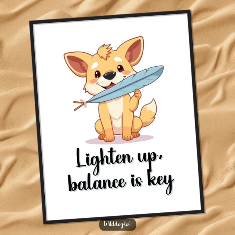 Funny Free Printable Wall Art: A wild dog with a content expression, showcasing incredible skill by balancing a single feather.