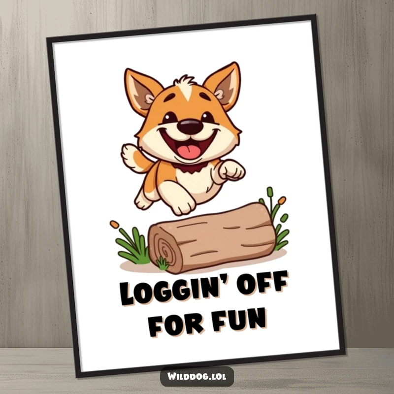 Funny Free Printable wall art of a wild dog with an enormous grin, captured mid-air as it leaps joyfully over a small log.