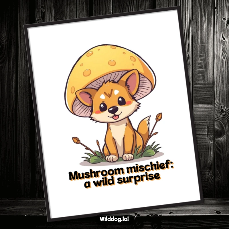 Funny free printable wall art of a cute, mischievous wild dog peeking from behind a large, brightly colored mushroom in a forest setting.