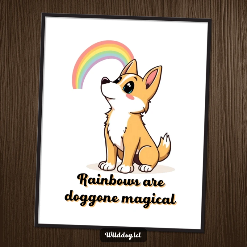 Funny Free Printable Wall Art: Wild dog with a wagging tail looking up at a bright rainbow.