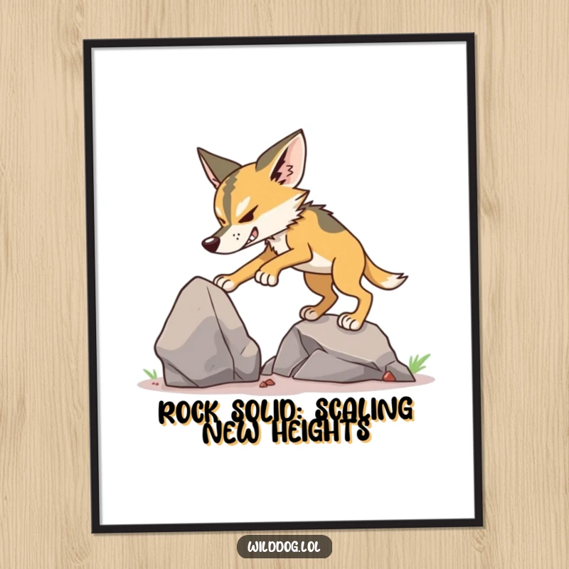 Funny free printable wall art of a determined wild dog with focused energy, attempting to climb a small but sturdy rock.